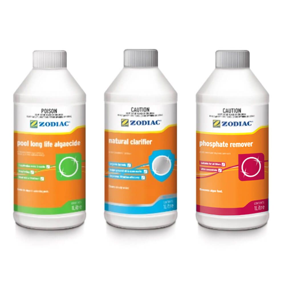 Zodiac Winteriser Pool Pack containing algaecide, clarifier and phosphate treatment chemicals.
