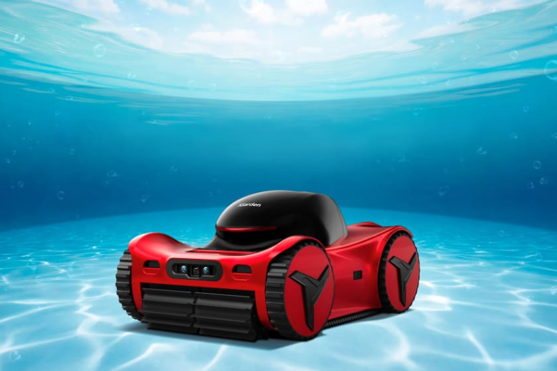 Dual AI Vision robotic pool cleaner collecting leaves and debris