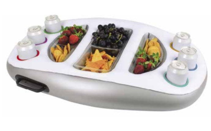 Deluxe inflatable spa bar keeping drinks and snacks within easy reach while relaxing in a backyard spa.