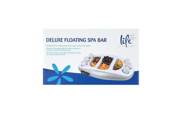 Inflatable spa refreshment bar with multiple drink holders and snack compartments for hot tubs and spas.