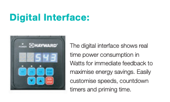 Digital interface with Hayward branding displaying power consumption information.