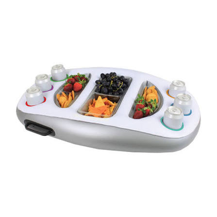 Life Deluxe Inflatable Spa Bar floating in a spa with drinks, snacks and bottles, featuring a water-filled ballast for added stability.