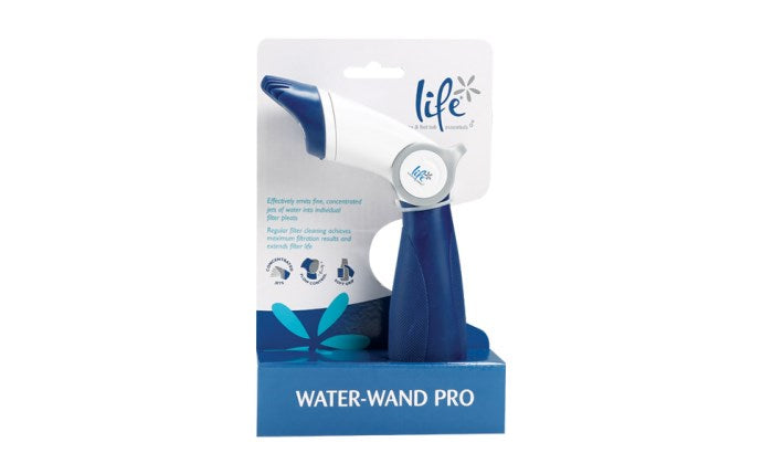 Life Water-Wand Pro cartridge filter cleaner attached to a garden hose cleaning a pool cartridge filter.