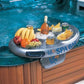 Inflatable floating drinks caddy for swimming pools and hot tubs with built-in cup holders and food compartments.