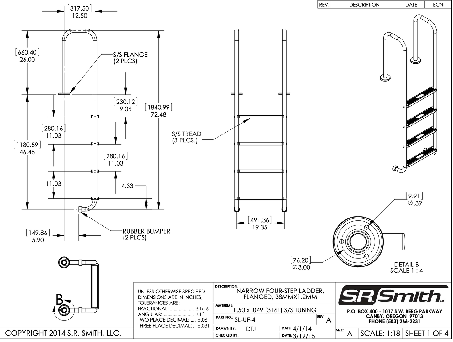 Dimension drawing SR Smith 4 step narrow ladder