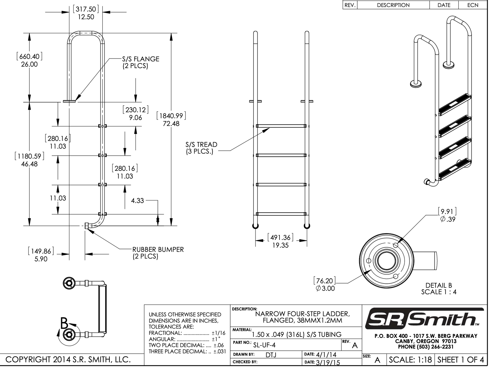 Dimension drawing SR Smith 4 step narrow ladder