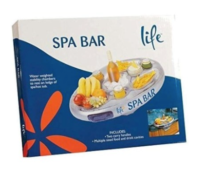 Life Floating Spa & Pool Bar inflatable drinks and snacks holder floating in a swimming pool with bottles, cans and refreshments.