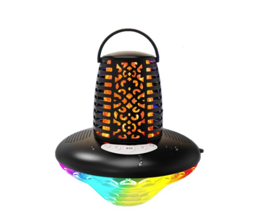 SwimSportz Flame floating Bluetooth speaker with colour-changing Diamond LED light show floating in a swimming pool.