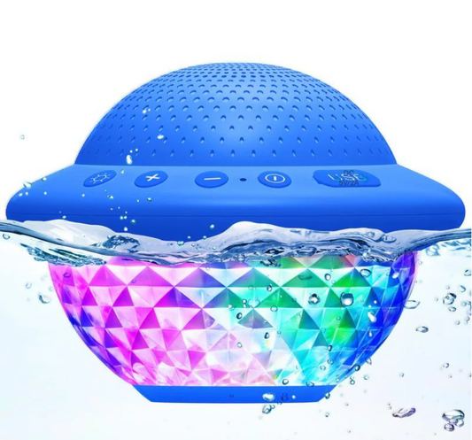 SwimSportz IP68 waterproof floating speaker with 10W 360-degree surround sound and RGB lighting.