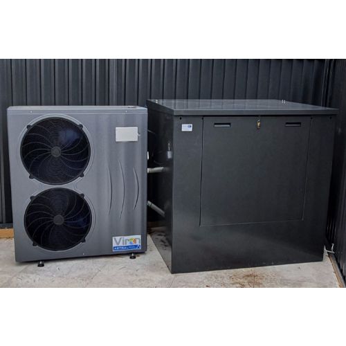 Heavy-duty galvanised steel pool equipment enclosure wiith heat pump