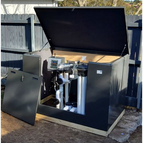 Pool equipment enclosure with removable front panel and roof access