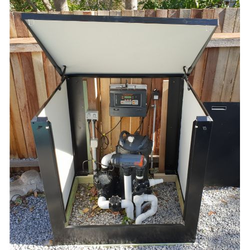 Large Backless pool equipment enclosure with acoustic insulation
