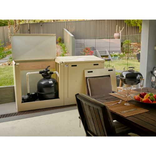 Double compartment pool equipment enclosure with removable access doors