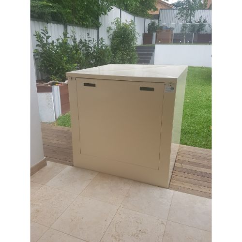 Soundproof pool pump enclosure with Colorbond finish installed beside pool equipment
