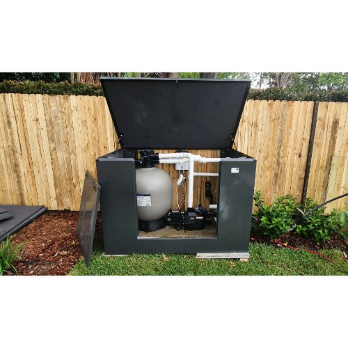 Backless Acoustic Box installed against a pool equipment wall