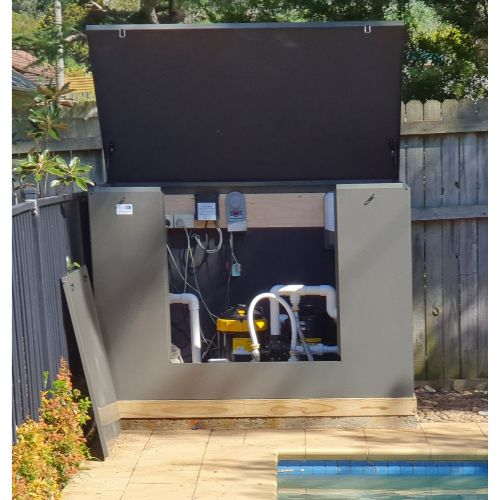 Large Acoustic Box protecting pool pump filter and chlorinator
