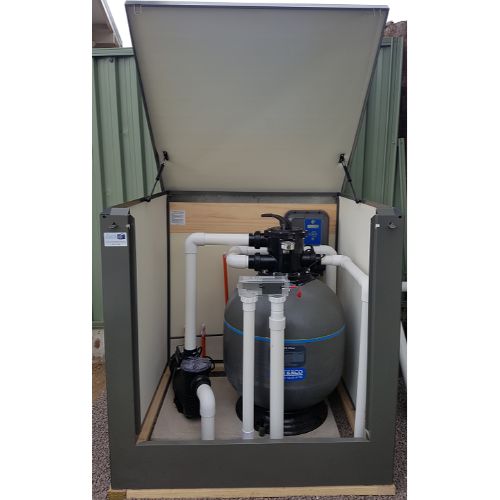 Acoustic Box™ 1100mm freestanding pool pump enclosure installed beside a modern swimming pool