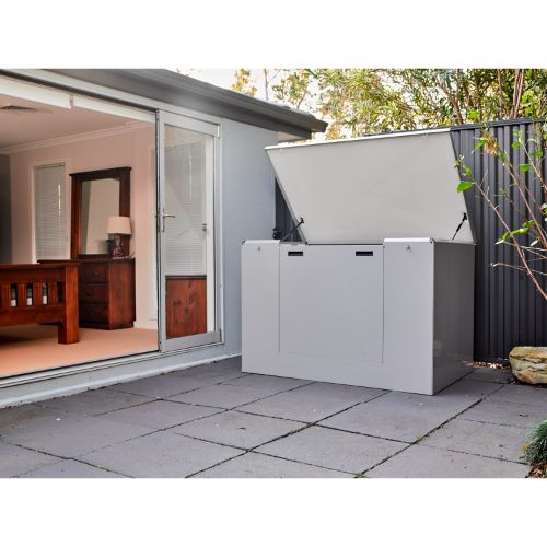 Soundproof pool equipment enclosure for large residential pool systems