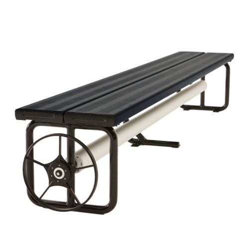 Daisy Under Bench Pool Cover Roller in Charcoal beneath poolside bench seating