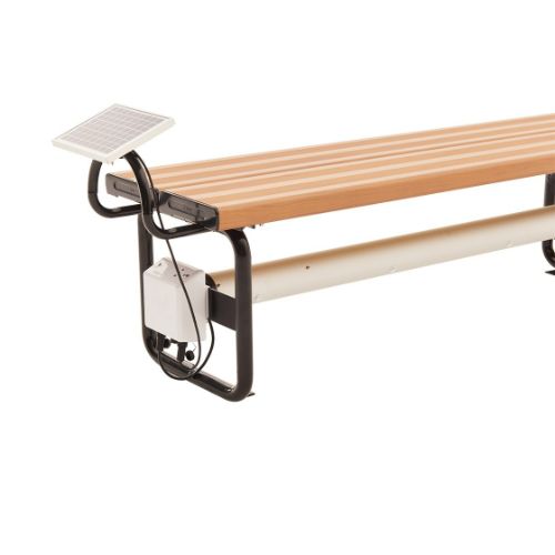 Electric concealed pool cover roller with integrated Light Oak bench seating
