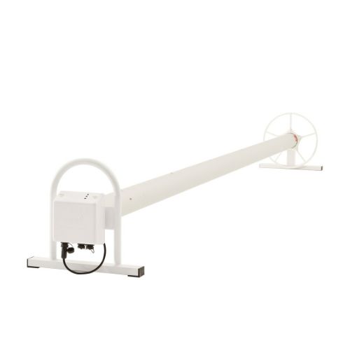 Daisy Power SQ electric pool roller beside a residential swimming pool
