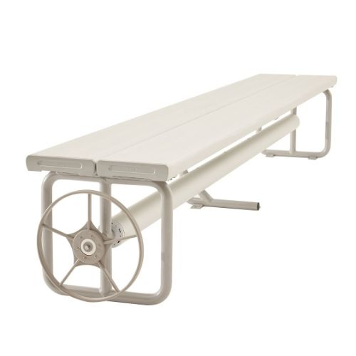 Daisy Under Bench Pool Cover Roller with clear anodised finish installed beneath bench seating