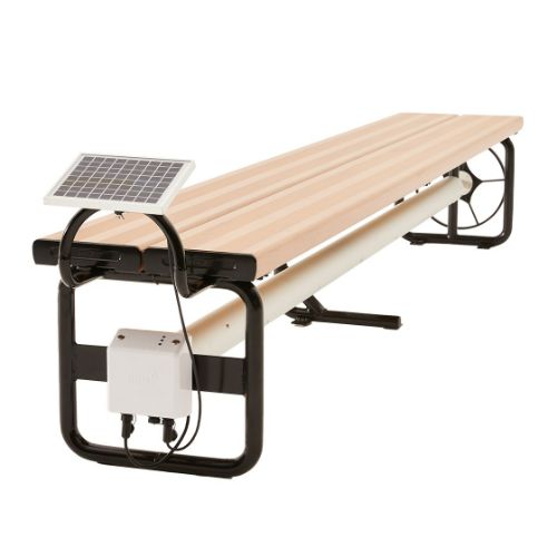 Daisy Under Bench Pool Cover Roller (Powered) in Light Oak beside a modern swimming pool