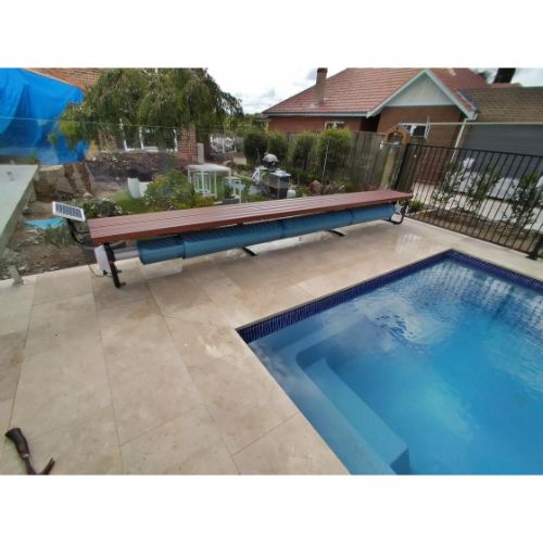 Australian made motorised pool cover roller with integrated solar charging system