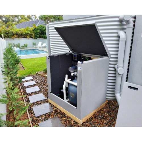Soundproof pool pump enclosure with Colorbond finish installed beside pool equipment