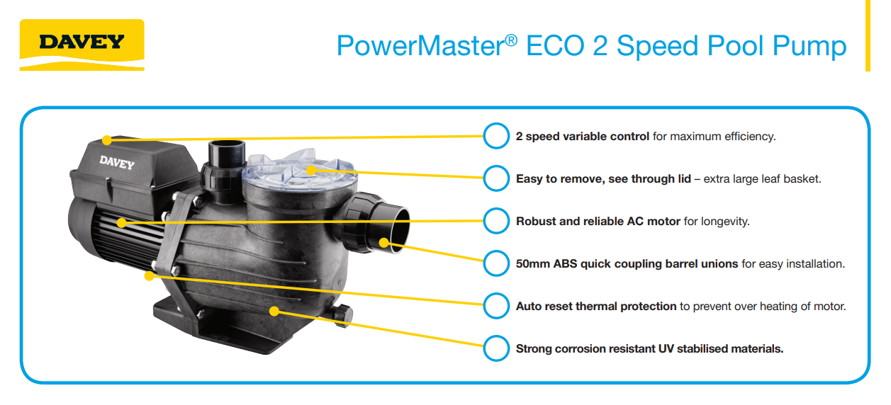 Davey PowerMaster® ECO2 Energy EfficientSpeed Pool Pump (6 Star Rated 2 speed Pool Pump)