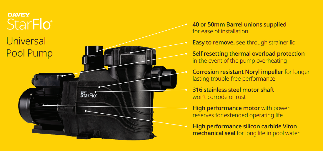 Davey StarFlo® DSF300 Pool Pump (1.0HP) - Retrofits Astral Hurlcon CTX/CX/TX/E , Reltech PR, Evoflow PR Models